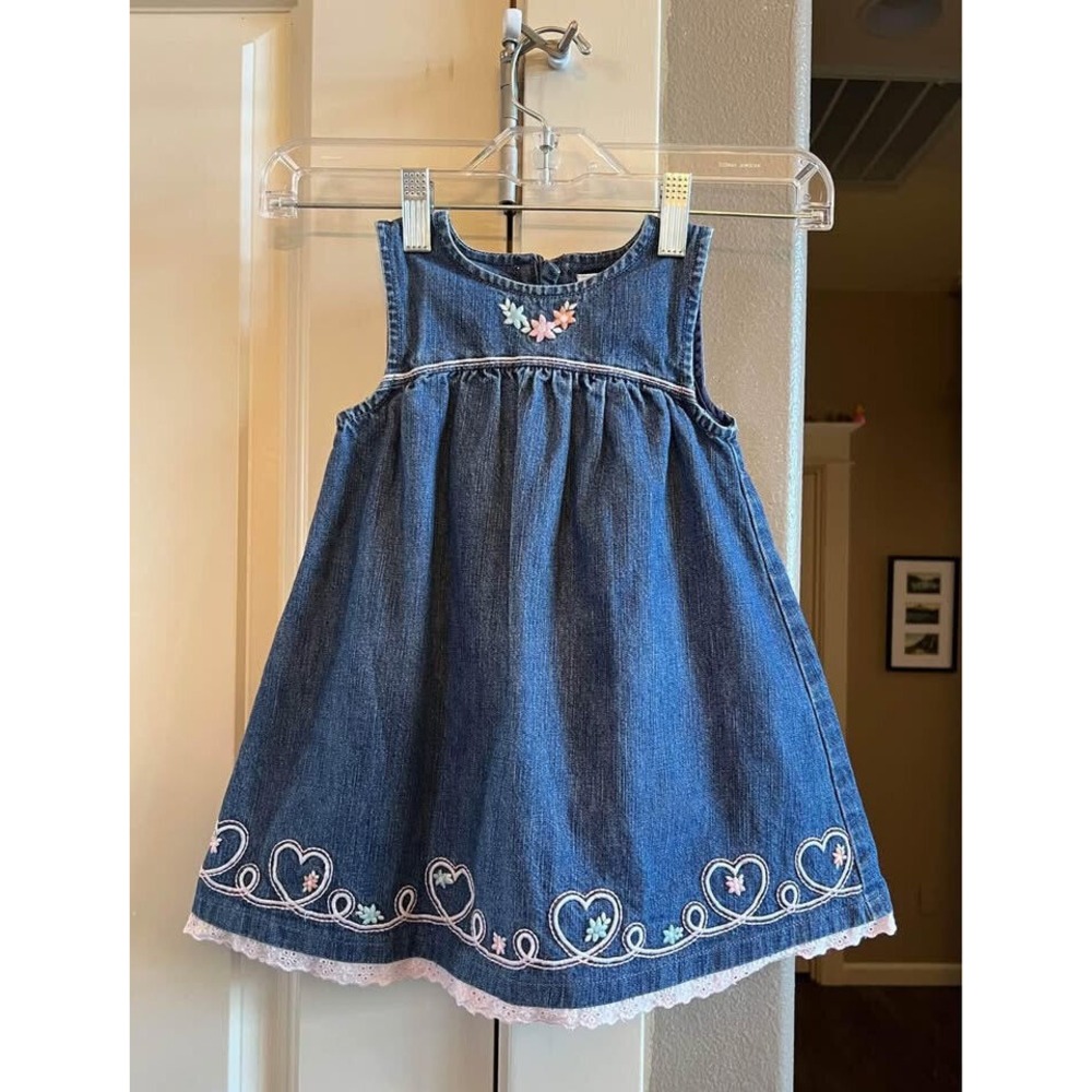 Darling Gymboree Denim Embroidered Pastel Hearts Flowers Dress/Jumper-Size‎ 2T
